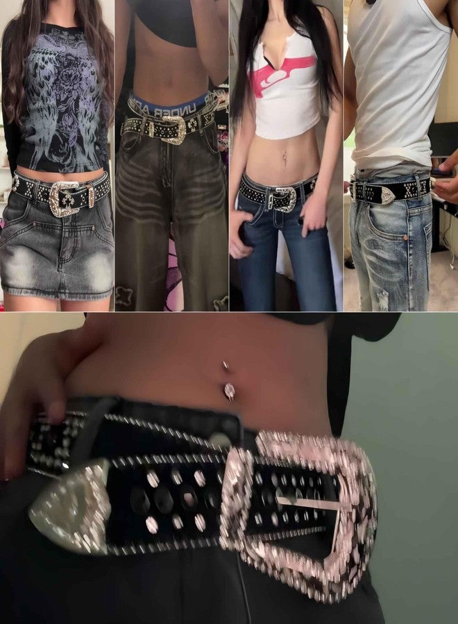 Winatehr rhinestone studded cowgirl and cowboy black y2k goth belt, western country emo leather punk rock chunky designer belts for women and mens, trendy grunge scene clothes accessories - Image 3